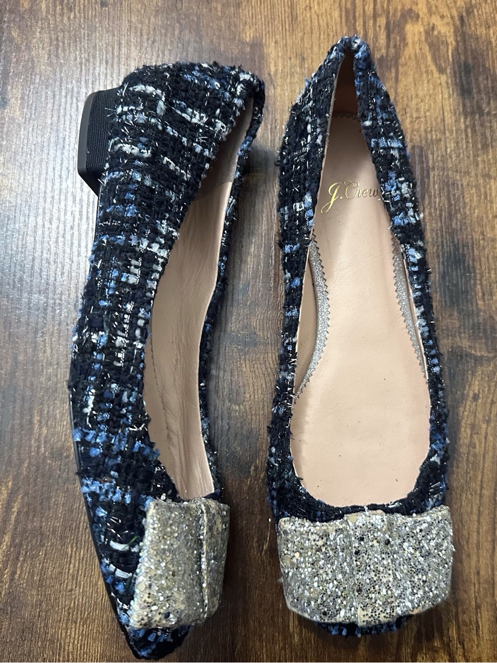 J. Crew Poppy Navy Tweed Flats with Silver Glitter Bow Coquette Preppy Academia
